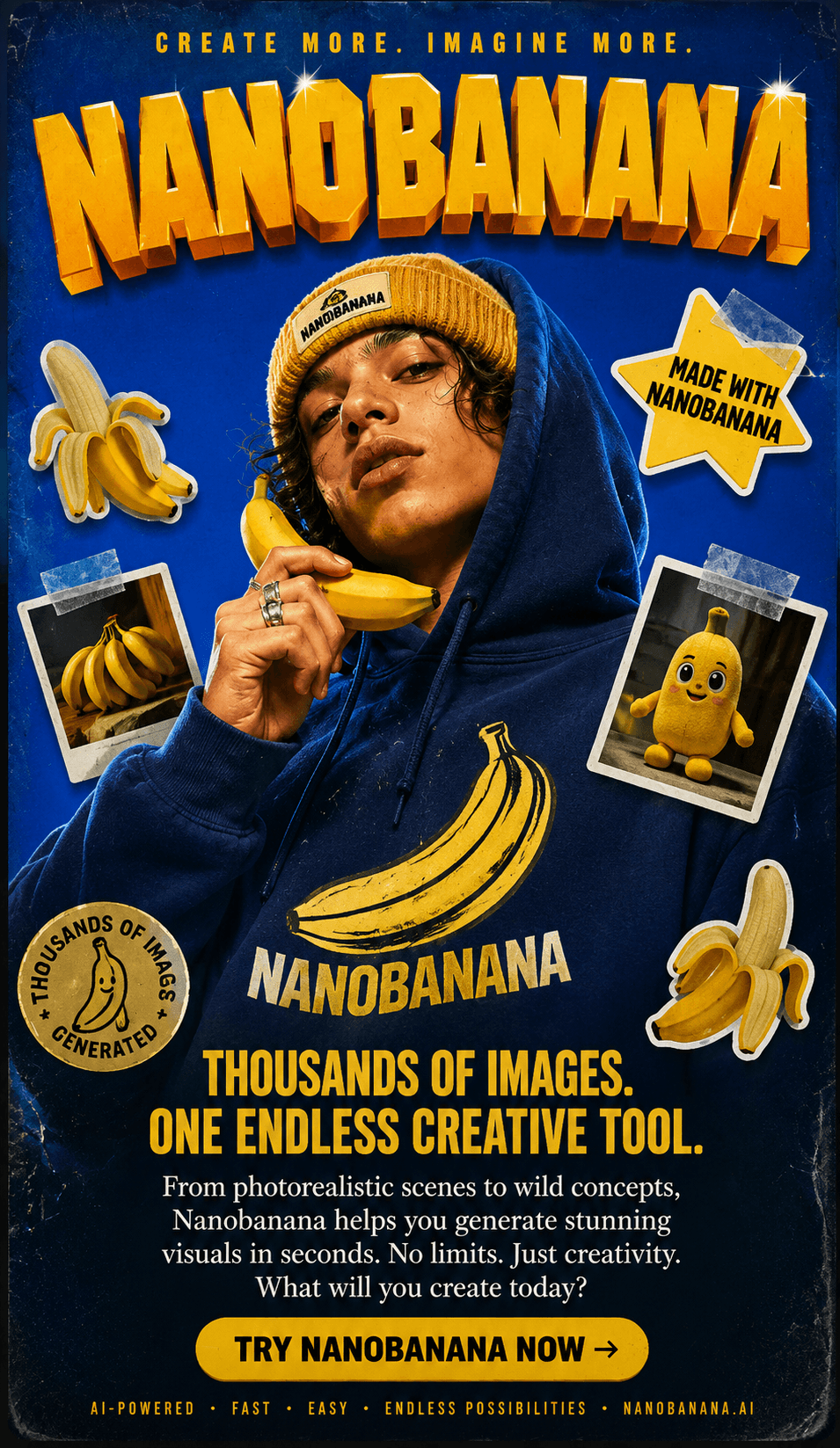 Poster hero NANO BANANA — migliaia di immagini, uno strumento creativo infinito